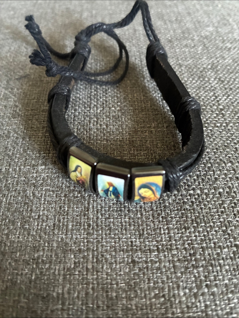 Religious Bead Black Leather Bracelet with Icon Tiles